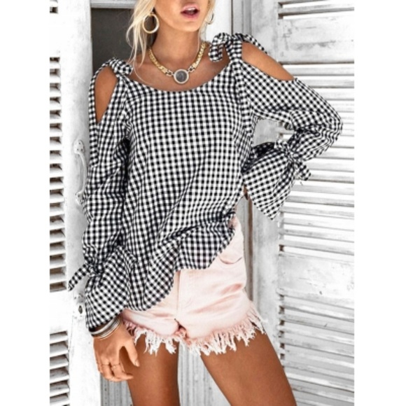 Boutique Tops - Cold Shoulder Gingham Checked Boho Peasant Blouse